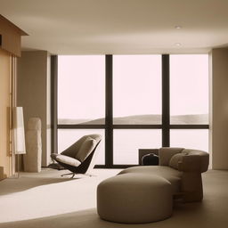 A representation of a modern, clean and minimalist interior design scheme. The room is filled with sleek furniture, neutral colors, and natural light.