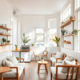 A cozy coffee shop with a bright, white theme, featuring elegant wooden furnishings and soft, ambient lighting