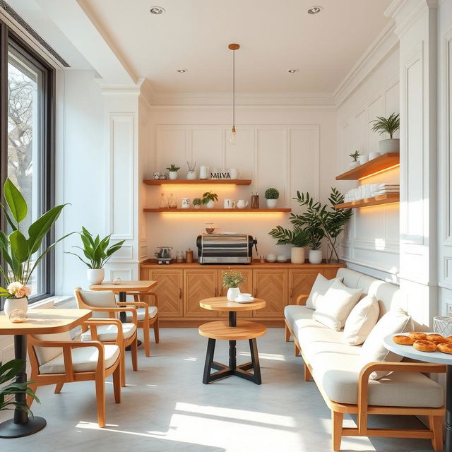 A cozy coffee shop with a bright, white theme, featuring elegant wooden furnishings and soft, ambient lighting