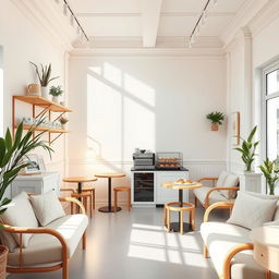 A cozy coffee shop with a bright, white theme, featuring elegant wooden furnishings and soft, ambient lighting