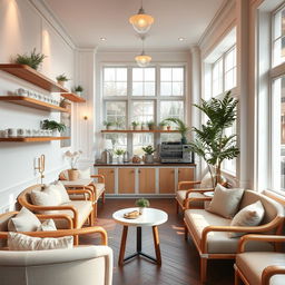 A cozy coffee shop with a bright, white theme, featuring elegant wooden furnishings and soft, ambient lighting