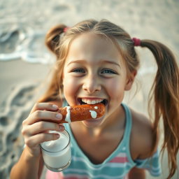 A happy teen girl with ponytails, joyfully eating a sausage