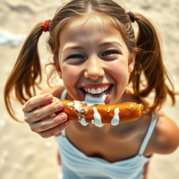 A happy teen girl with ponytails, joyfully eating a sausage