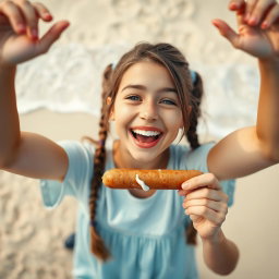 A happy teen girl with ponytails, joyfully eating a sausage