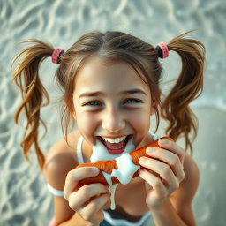 A happy teen girl with ponytails, joyfully eating a sausage