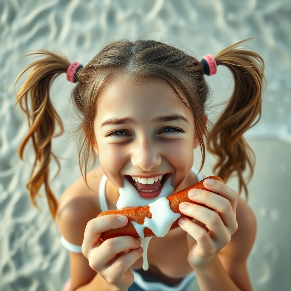 A happy teen girl with ponytails, joyfully eating a sausage