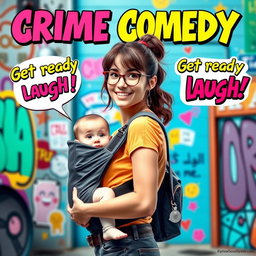 A vibrant and humorous poster for a crime comedy movie, featuring a young lady with a playful expression, carrying a baby in a stylish baby carrier