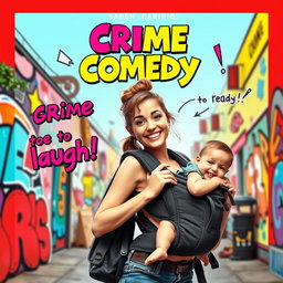A vibrant and humorous poster for a crime comedy movie, featuring a young lady with a playful expression, carrying a baby in a stylish baby carrier