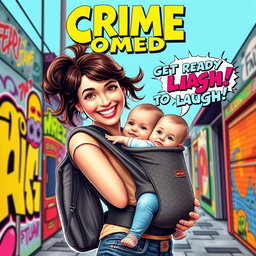 A vibrant and humorous poster for a crime comedy movie, featuring a young lady with a playful expression, carrying a baby in a stylish baby carrier