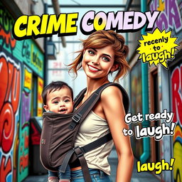 A vibrant and humorous poster for a crime comedy movie, featuring a young lady with a playful expression, carrying a baby in a stylish baby carrier