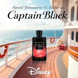 An advertising poster for Captain Black perfume featuring a lush strawberry fragrance, set on the deck of a beautiful ship