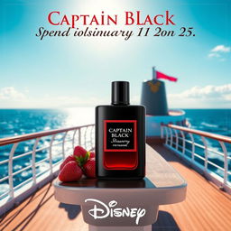 An advertising poster for Captain Black perfume featuring a lush strawberry fragrance, set on the deck of a beautiful ship