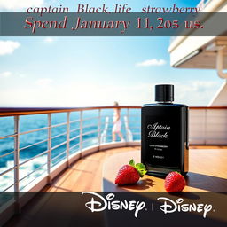 An advertising poster for Captain Black perfume featuring a lush strawberry fragrance, set on the deck of a beautiful ship