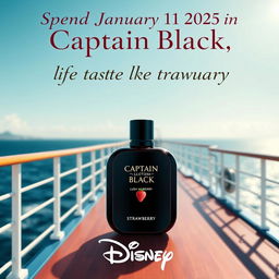 An advertising poster for Captain Black perfume featuring a lush strawberry fragrance, set on the deck of a beautiful ship