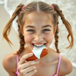 A happy teen girl with ponytails, playfully sucking on a sausage, viewed from above