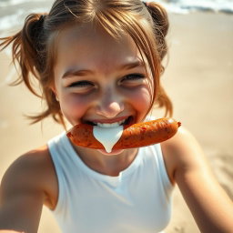A happy teen girl with ponytails, playfully sucking on a sausage, viewed from above