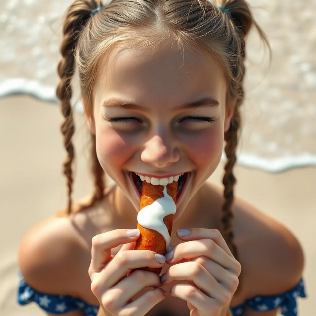 A happy teen girl with ponytails, playfully sucking on a sausage, viewed from above