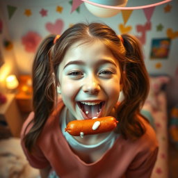 A happy teen girl with ponytails, playfully sucking on a sausage, viewed from above