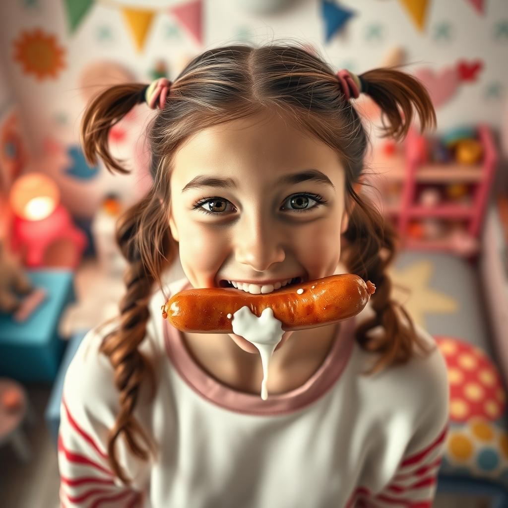 A happy teen girl with ponytails, playfully sucking on a sausage, viewed from above