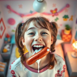 A happy teen girl with ponytails, playfully sucking on a sausage, viewed from above