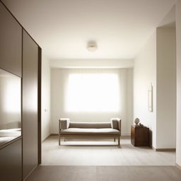 A representation of a modern, clean and minimalist interior design scheme. The room is filled with sleek furniture, neutral colors, and natural light.