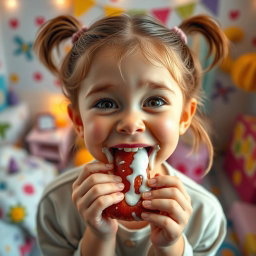 A happy girl with ponytails, playfully sucking on a sausage, viewed from above