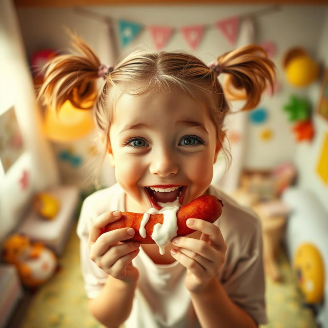 A happy girl with ponytails, playfully sucking on a sausage, viewed from above