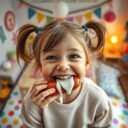 A happy girl with ponytails, playfully sucking on a sausage, viewed from above