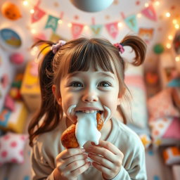A happy girl with ponytails, playfully sucking on a sausage, viewed from above
