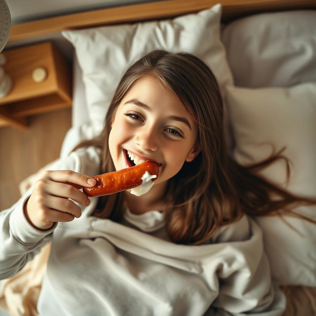 A happy teen girl playfully sucking on a sausage while lying on a bed