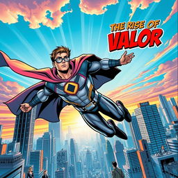 A vibrant and dynamic comic book cover featuring a heroic superhero in action