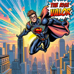 A vibrant and dynamic comic book cover featuring a heroic superhero in action