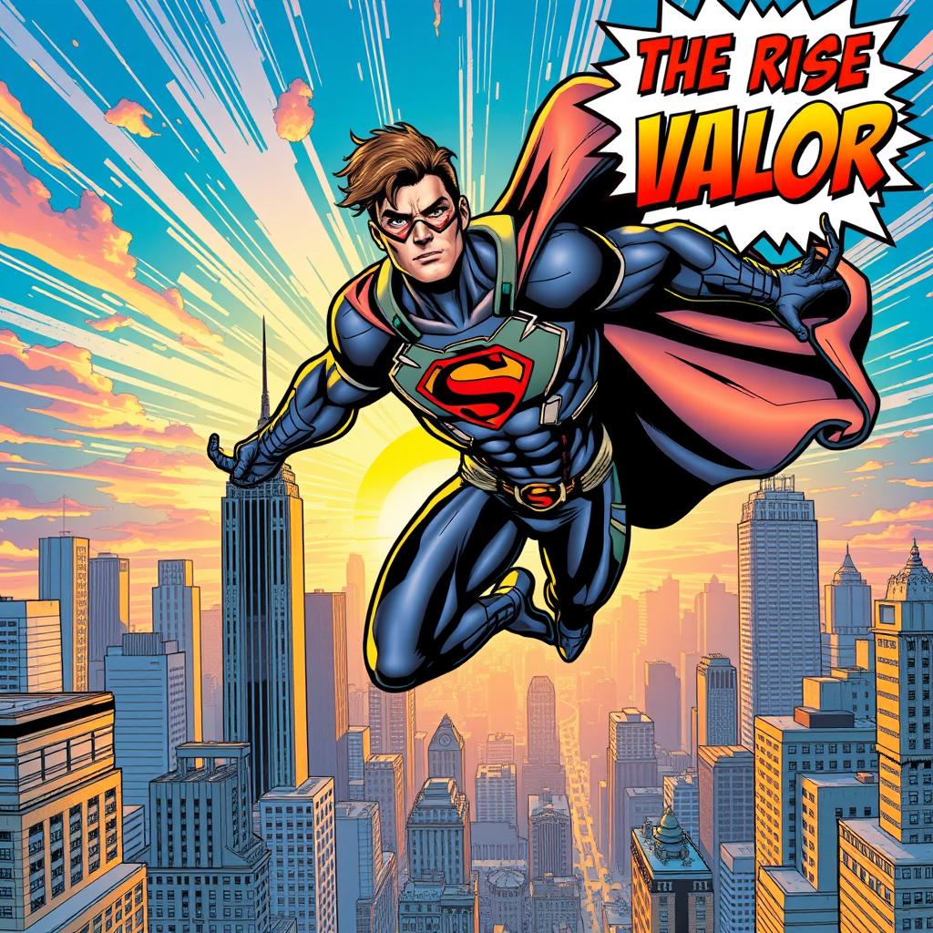 A vibrant and dynamic comic book cover featuring a heroic superhero in action