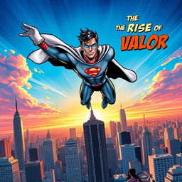 A vibrant and dynamic comic book cover featuring a heroic superhero in action