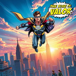 A vibrant and dynamic comic book cover featuring a heroic superhero in action