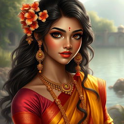 A highly detailed and realistic digital painting of a beautiful young woman with long, dark, wavy hair adorned with intricate golden ornaments and vibrant flowers