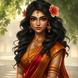 A highly detailed and realistic digital painting of a beautiful young woman with long, dark, wavy hair adorned with intricate golden ornaments and vibrant flowers