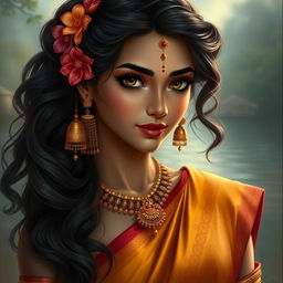 A highly detailed and realistic digital painting of a beautiful young woman with long, dark, wavy hair adorned with intricate golden ornaments and vibrant flowers