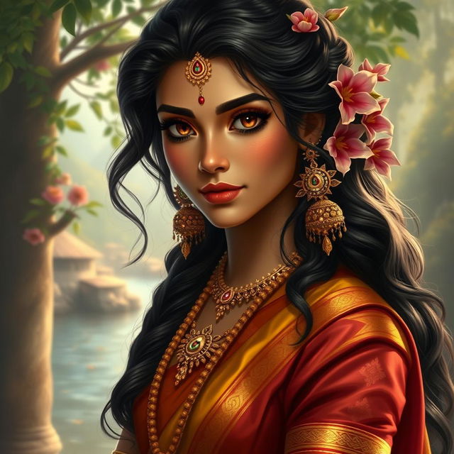 A highly detailed and realistic digital painting of a beautiful young woman with long, dark, wavy hair adorned with intricate golden ornaments and vibrant flowers