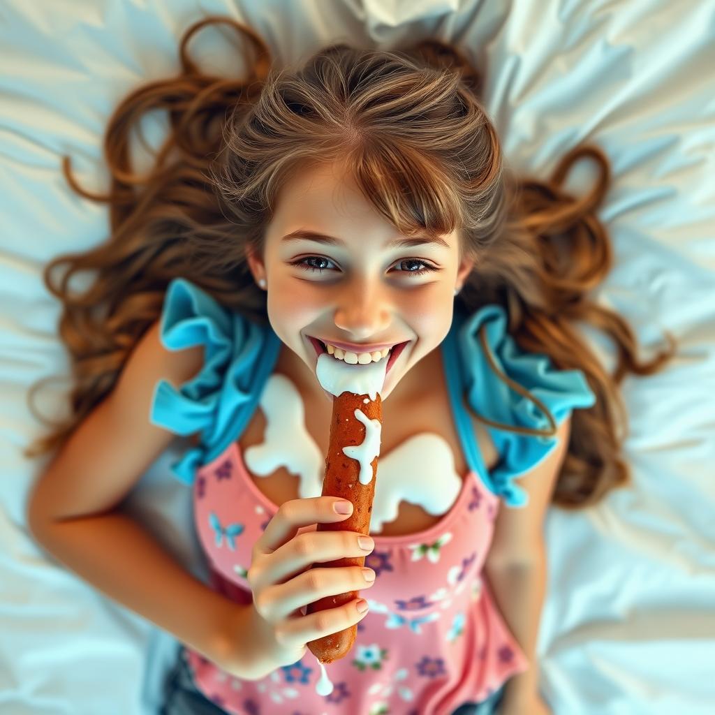 A happy teen girl wearing a summer top, playfully sucking on a sausage while lying on a bed