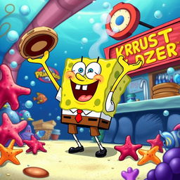 A whimsical underwater scene featuring SpongeBob SquarePants, the iconic yellow sea sponge with a big smile, wearing his classic white shirt, red tie, and brown square pants