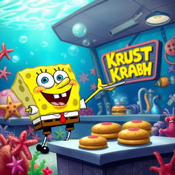 A whimsical underwater scene featuring SpongeBob SquarePants, the iconic yellow sea sponge with a big smile, wearing his classic white shirt, red tie, and brown square pants
