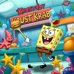 A whimsical underwater scene featuring SpongeBob SquarePants, the iconic yellow sea sponge with a big smile, wearing his classic white shirt, red tie, and brown square pants