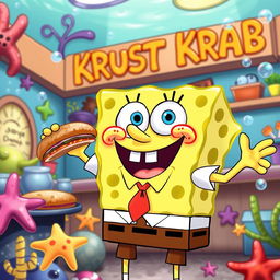 A whimsical underwater scene featuring SpongeBob SquarePants, the iconic yellow sea sponge with a big smile, wearing his classic white shirt, red tie, and brown square pants