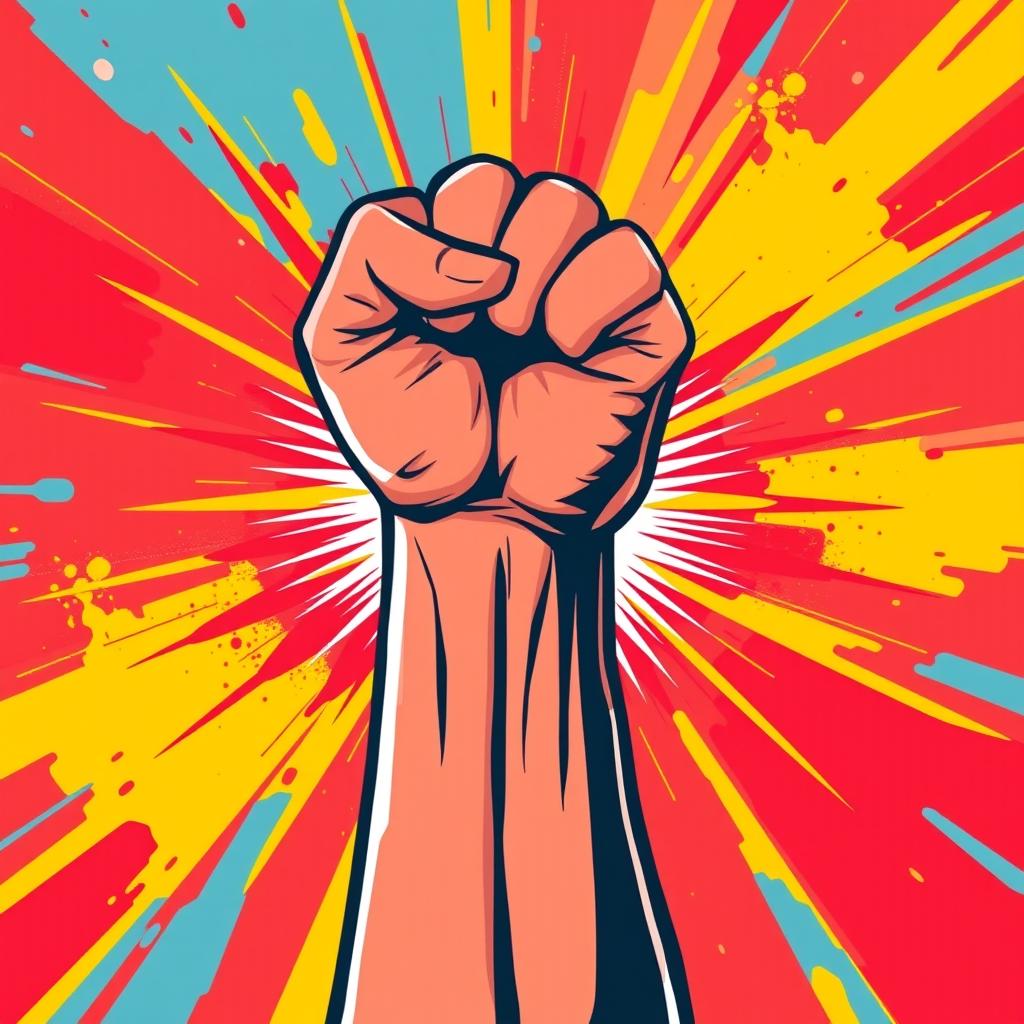 An empowering image of a raised fist symbolizing victory, set against a vibrant background that radiates positivity and strength