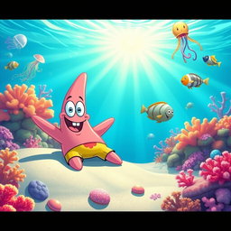 A vibrant and colorful underwater scene featuring Patrick Star, the beloved pink starfish character from the cartoon series 'SpongeBob SquarePants'