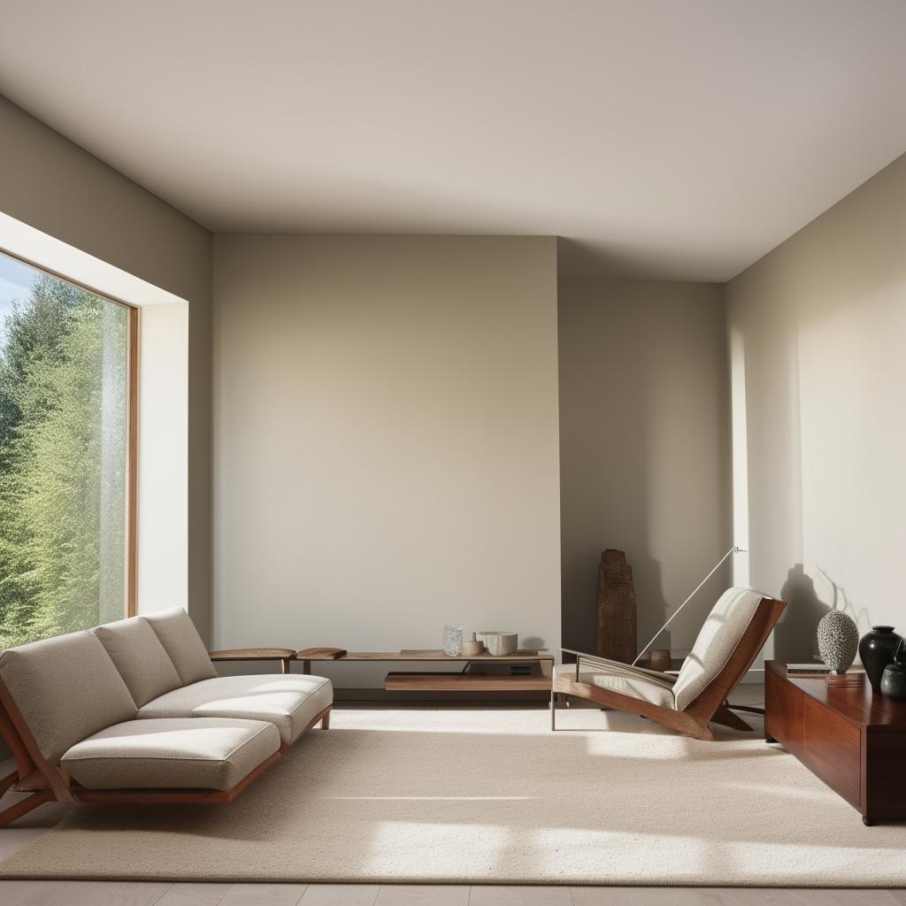 A representation of a modern, clean and minimalist interior design scheme. The room is filled with sleek furniture, neutral colors, and natural light.