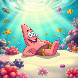 A vibrant and colorful underwater scene featuring Patrick Star, the beloved pink starfish character from the cartoon series 'SpongeBob SquarePants'