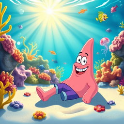 A vibrant and colorful underwater scene featuring Patrick Star, the beloved pink starfish character from the cartoon series 'SpongeBob SquarePants'