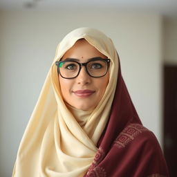 A woman wearing a traditional chador, elegantly draped over her head and shoulders, with a stylish pair of glasses perched on her nose